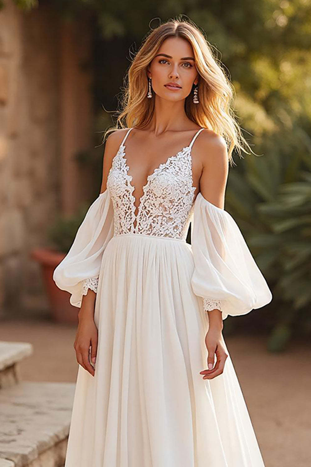 Ivory Detachable Sleeves Boho Chiffon Sweep Train Wedding Dress with Lace