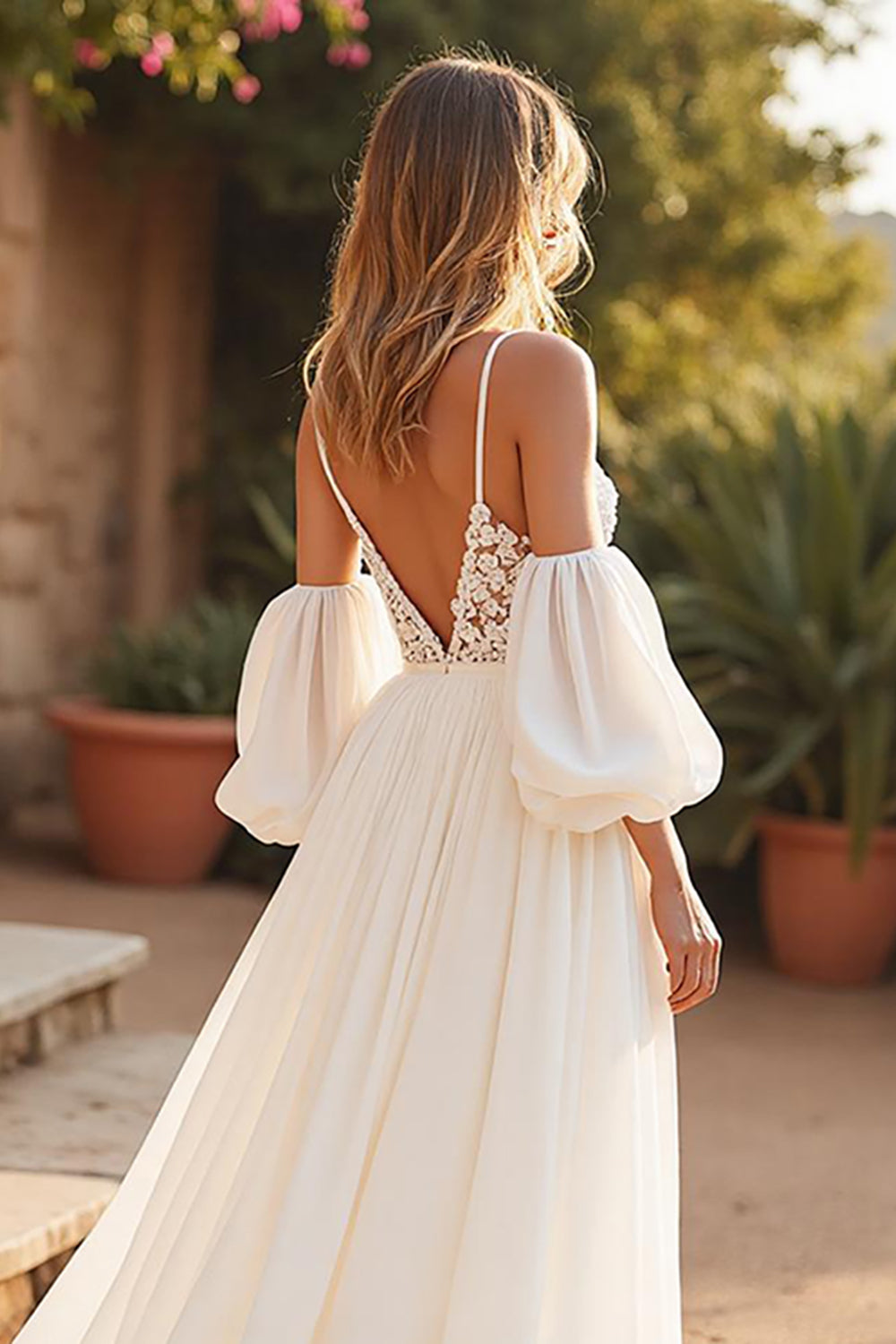 Ivory Detachable Sleeves Boho Chiffon Sweep Train Wedding Dress with Lace