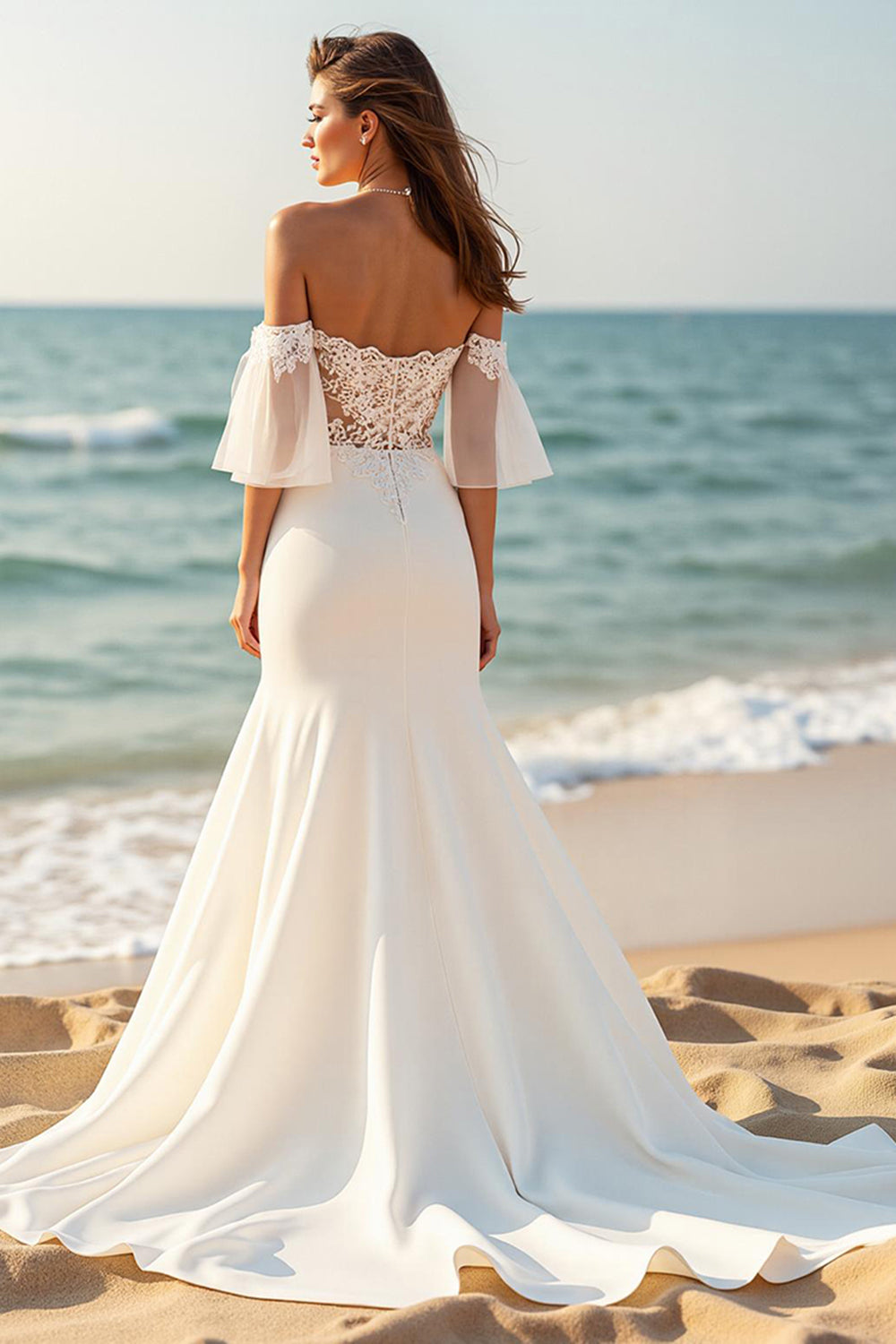 Ivory Mermaid Satin Flare Sleeves Sweep Train Beach Wedding Dress with Lace