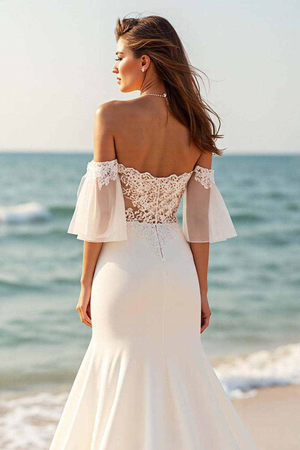 Ivory Mermaid Satin Flare Sleeves Sweep Train Beach Wedding Dress with Lace