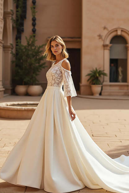 Leely Women Ivory Satin Sweep Train Wedding Dress with Lace Cold Shoulder 3/4 Sleeves A Line Bridal Dress