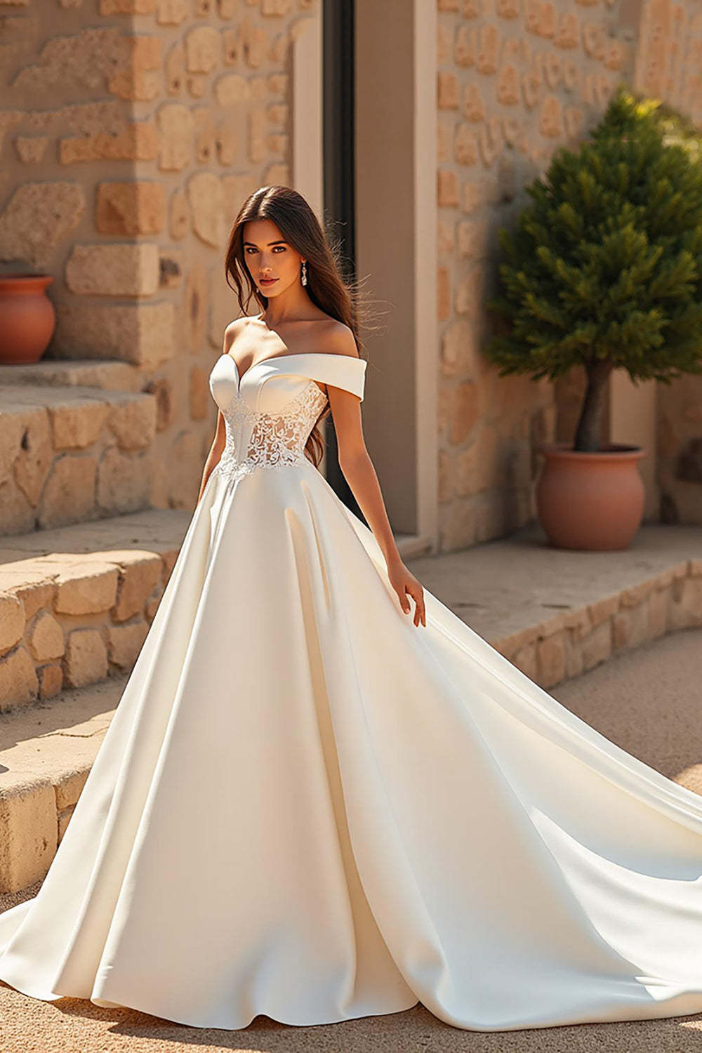 Leely Women Ivory Satin Sweep Train Wedding Dress with Lace Off the Shoulder A Line Bridal Dress