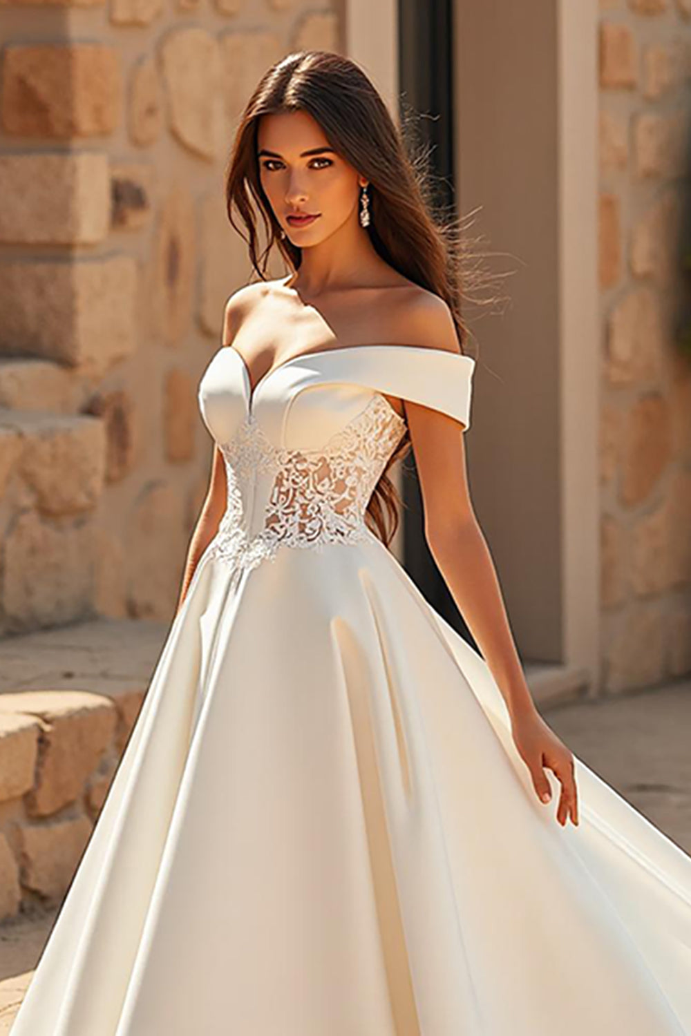 A Line Ivory Satin Off the Shoulder Sweep Train Wedding Dress with Lace