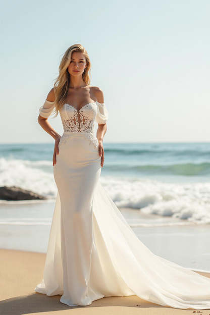 Leely Women Ivory Mermaid Sweep Train Wedding Dress with Lace Off the Shoulder Satin Bridal Dress