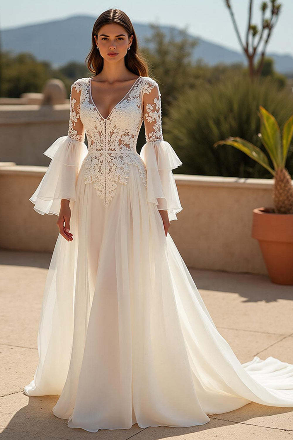 Leely Women Ivory Chiffon Boho Sweep Train Wedding Dress with Sleeves Ruffled A Line V-Neck Backless Bridal Dress with Lace