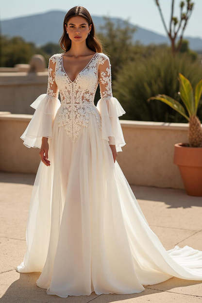 Leely Women Ivory Chiffon Boho Sweep Train Wedding Dress with Sleeves Ruffled A Line V-Neck Backless Bridal Dress with Lace