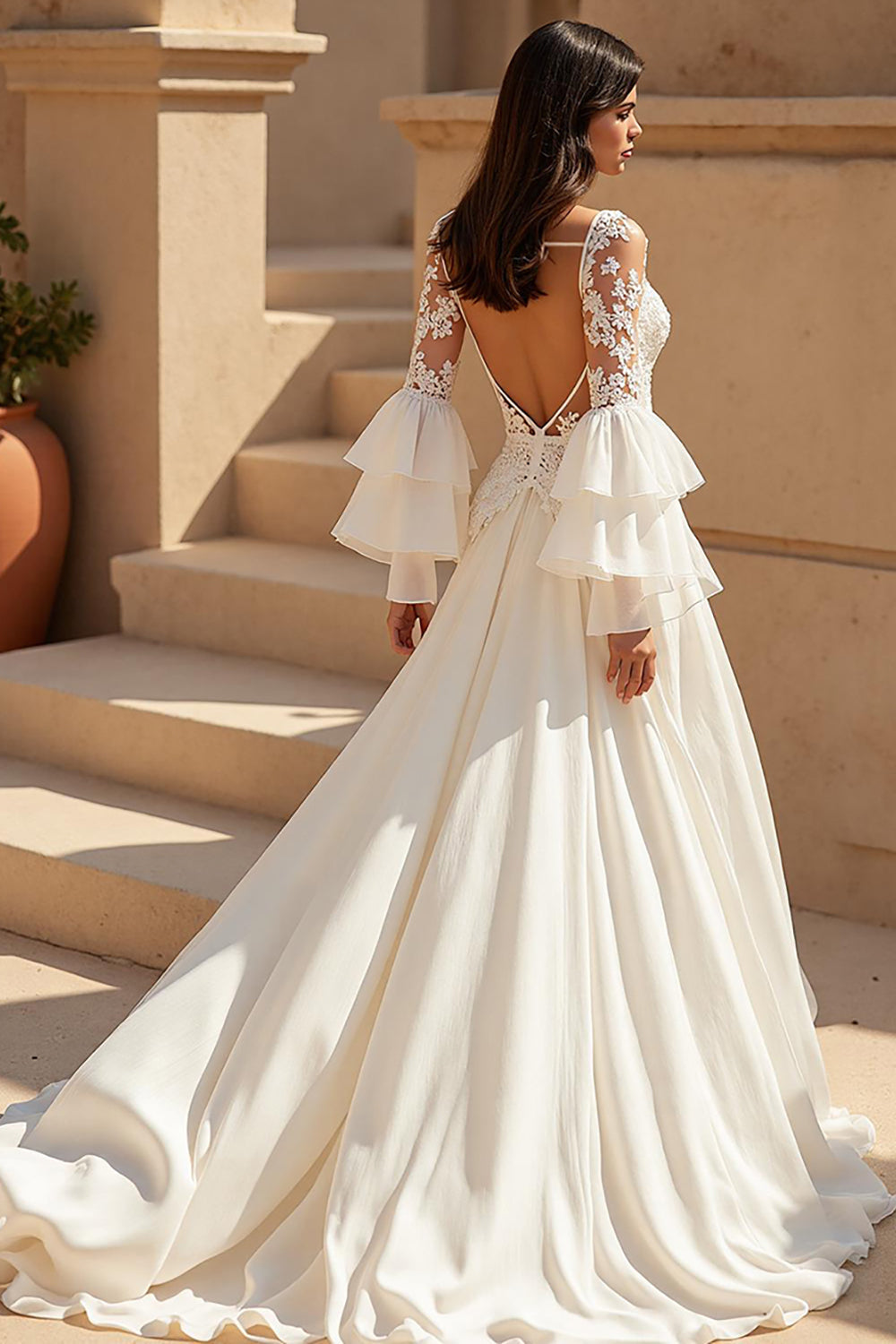 Ivory Chiffon Ruffled Sweep Train Boho Wedding Dress with Sleeves