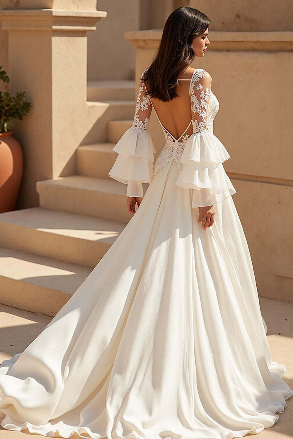 Ivory Chiffon Ruffled Sweep Train Boho Wedding Dress with Sleeves