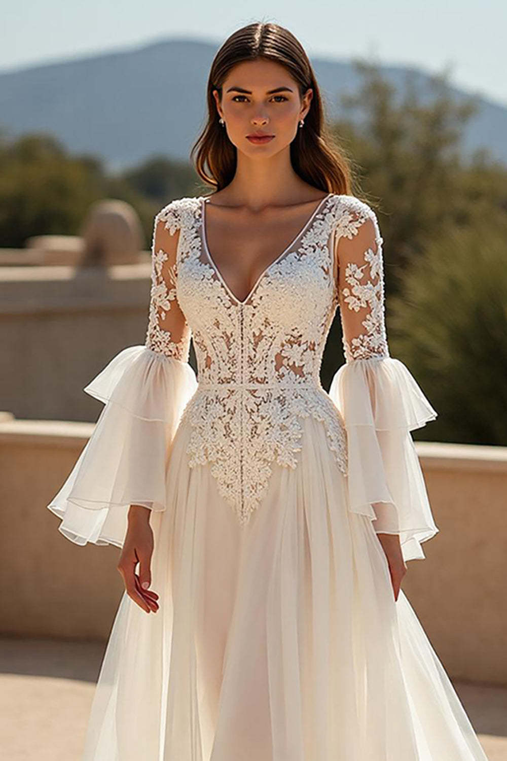 Ivory Chiffon Ruffled Sweep Train Boho Wedding Dress with Sleeves