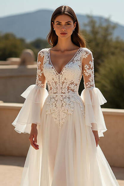 Ivory Chiffon Ruffled Sweep Train Boho Wedding Dress with Sleeves