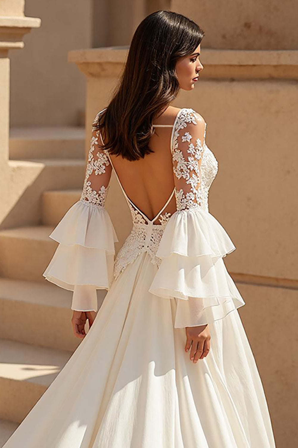 Ivory Chiffon Ruffled Sweep Train Boho Wedding Dress with Sleeves