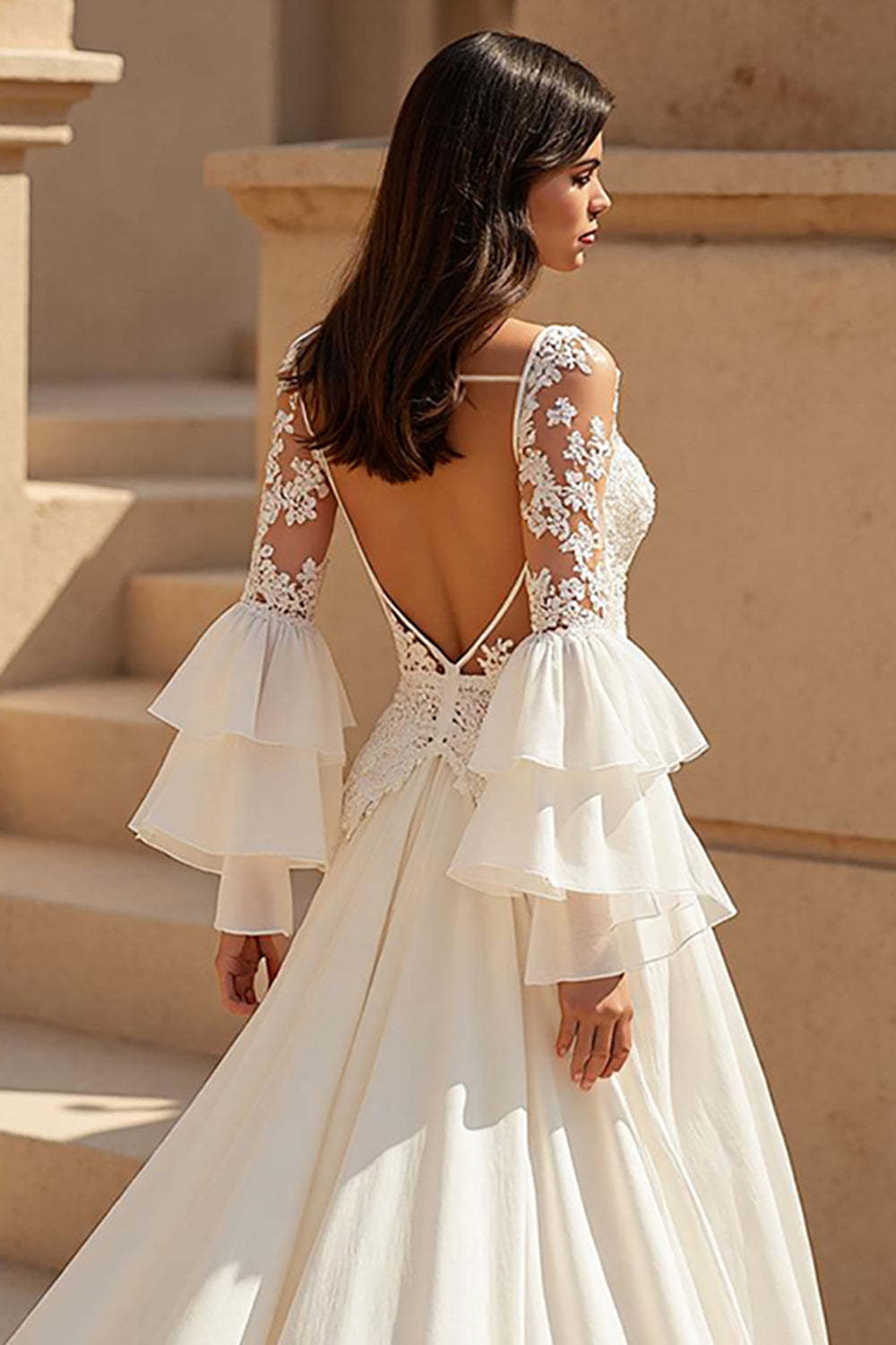 Ivory Chiffon Ruffled Sweep Train Boho Wedding Dress with Sleeves
