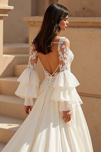 Ivory Chiffon Ruffled Sweep Train Boho Wedding Dress with Sleeves