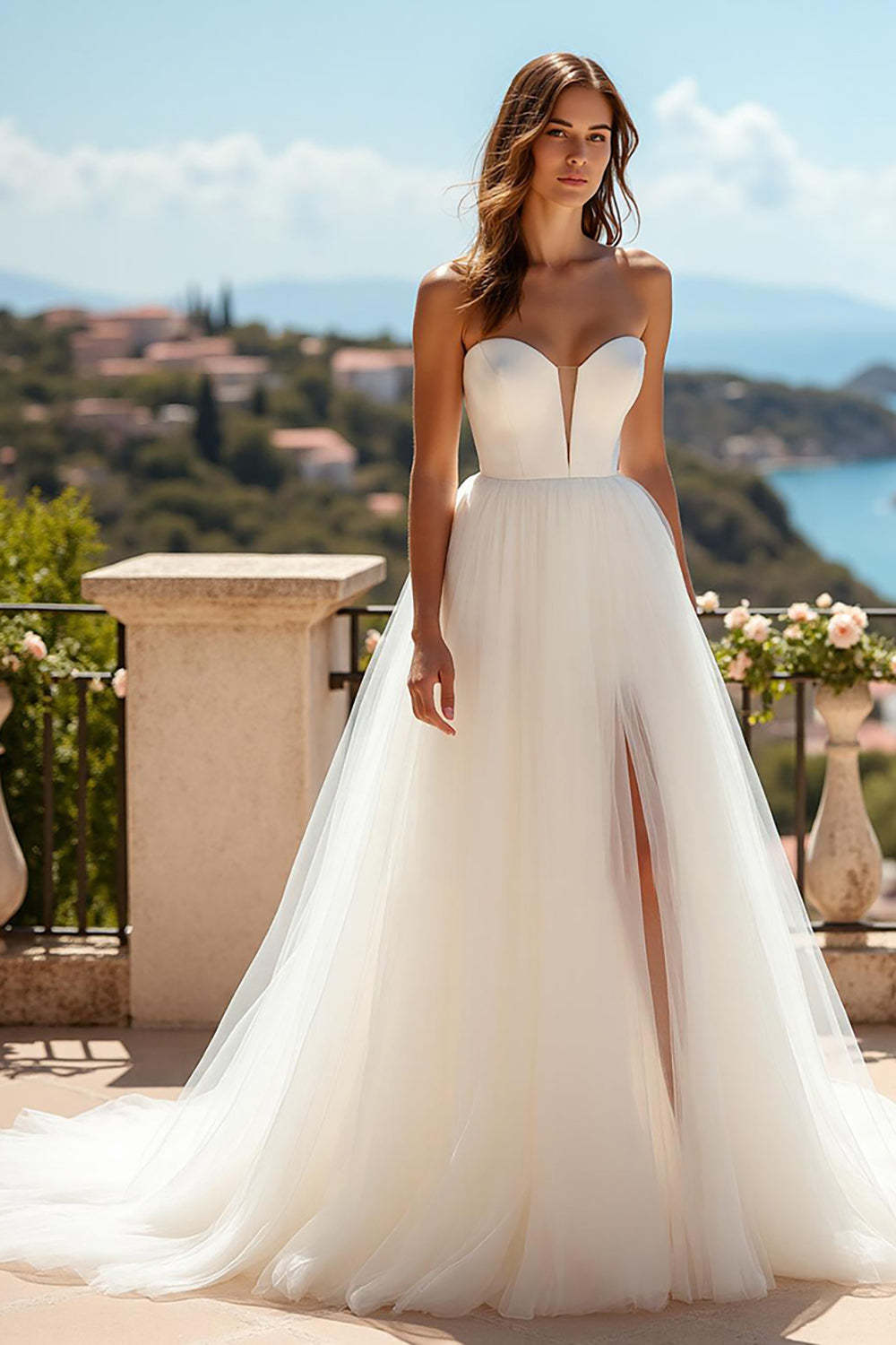 Leely Women Ivory Tulle Sweep Train Wedding Dress with Slit Sweetheart Strapless A Line Bridal Dress