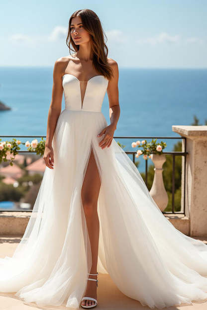 Ivory Sweetheart Tulle A Line Sweep Train Wedding Dress with Slit