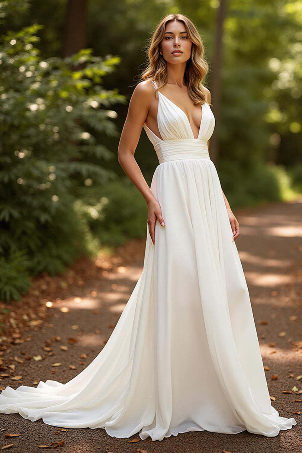 Leely Women Simple Ivory Chiffon Boho Sweep Train Wedding Dress Deep V-Neck A Line Bridal Dress