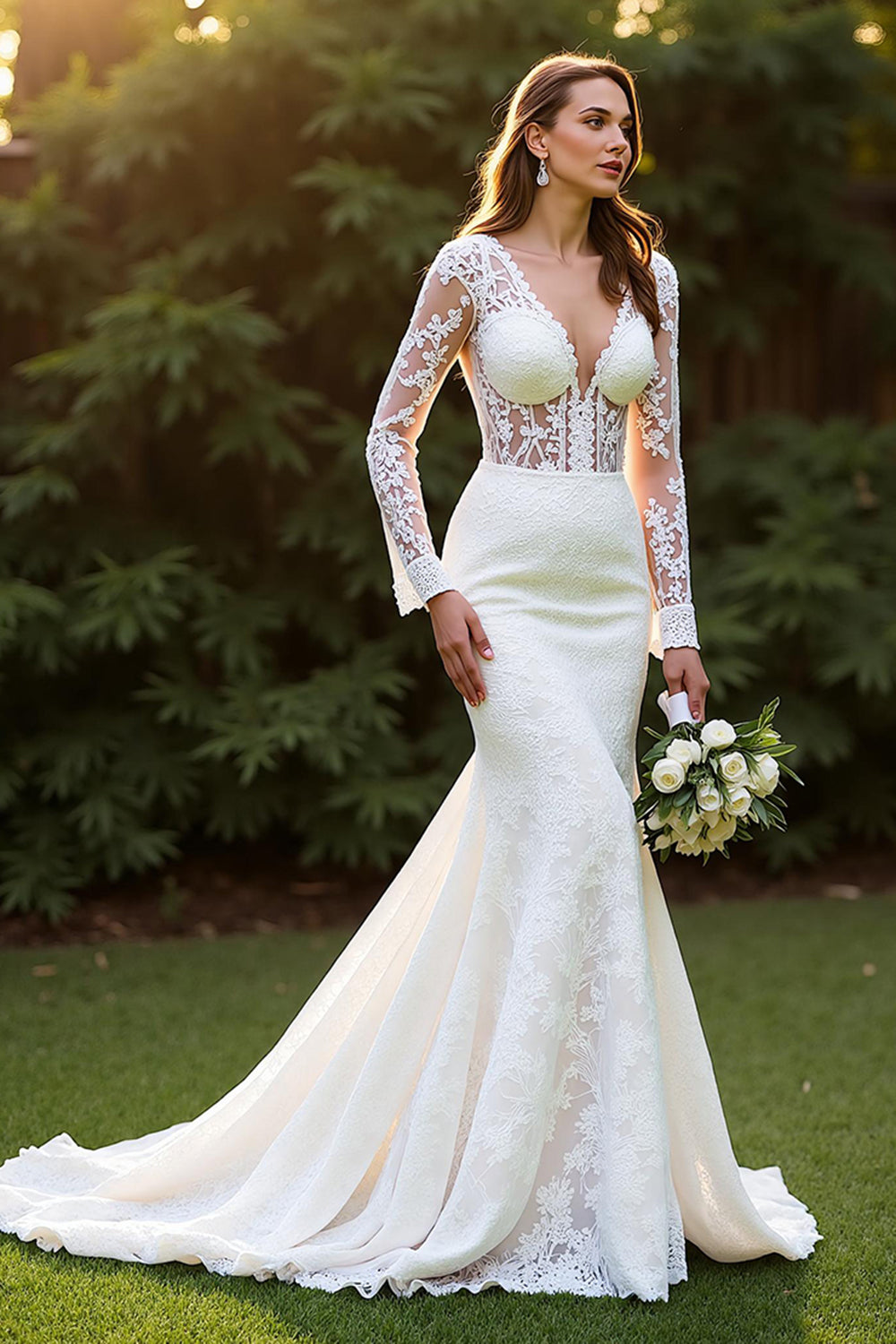Ivory Lace Mermaid V Neck Long Sleeves Sweep Train Wedding Dress