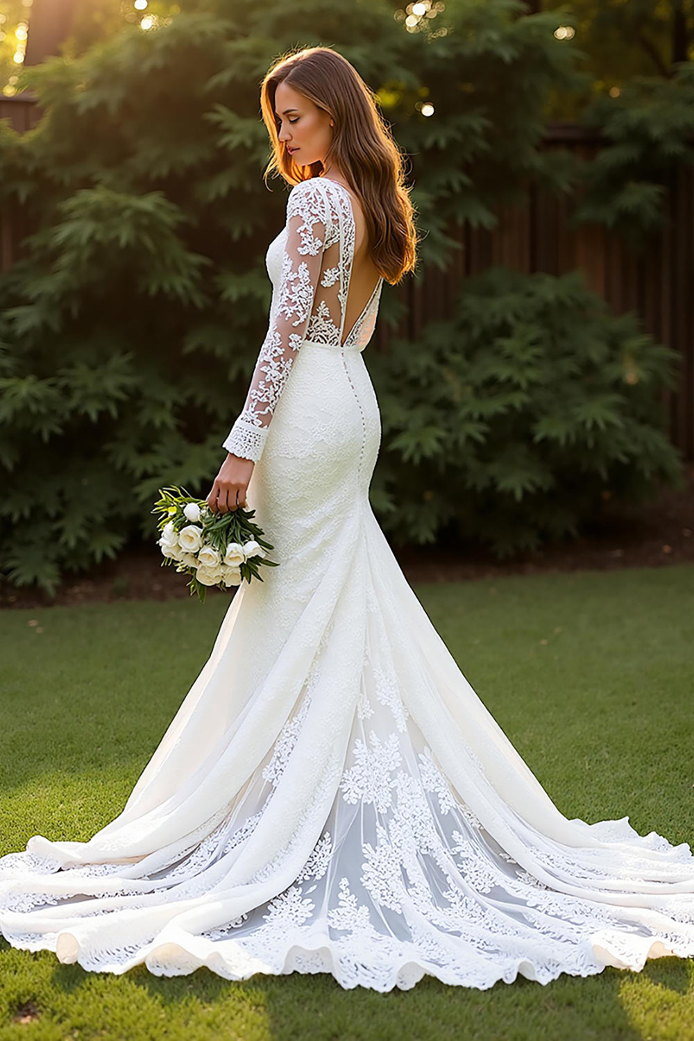 Ivory Lace Mermaid V Neck Long Sleeves Sweep Train Wedding Dress