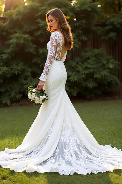Ivory Lace Mermaid V Neck Long Sleeves Sweep Train Wedding Dress