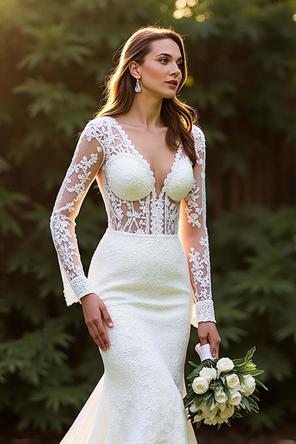Ivory Lace Mermaid V Neck Long Sleeves Sweep Train Wedding Dress