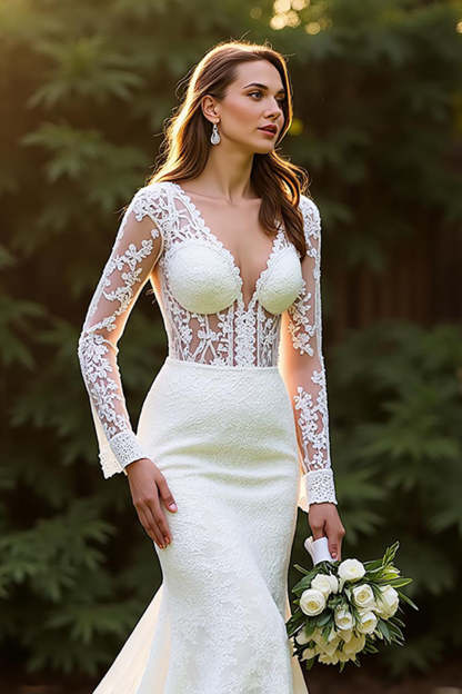 Ivory Lace Mermaid V Neck Long Sleeves Sweep Train Wedding Dress