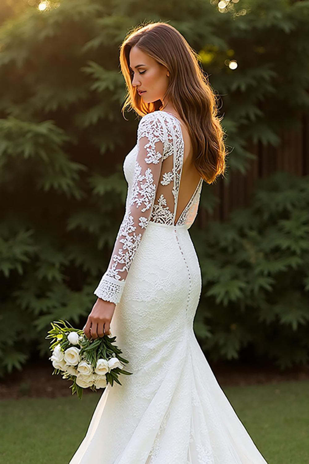 Ivory Lace Mermaid V Neck Long Sleeves Sweep Train Wedding Dress