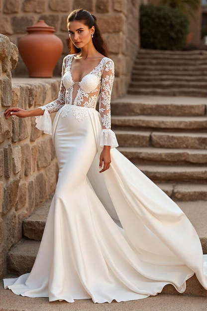 Leely Women Ivory Mermaid Wedding Dress with Cape Ruffles Satin V-Neck Long Sleeves Sweep Train Bridal Dress