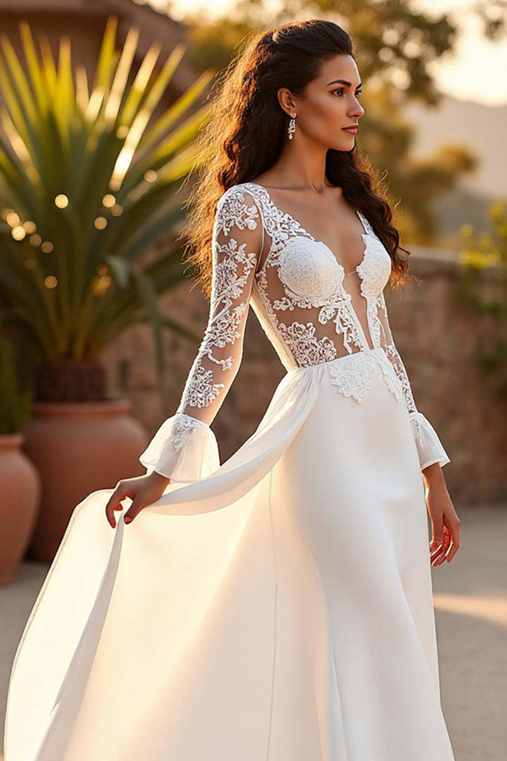 Ivory Long Sleeves Mermaid Sweep Train Wedding Dress with Cape
