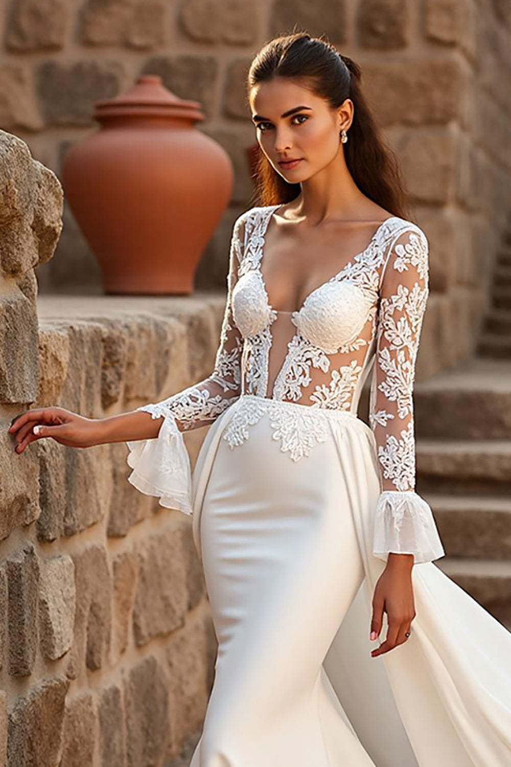 Ivory Long Sleeves Mermaid Sweep Train Wedding Dress with Cape