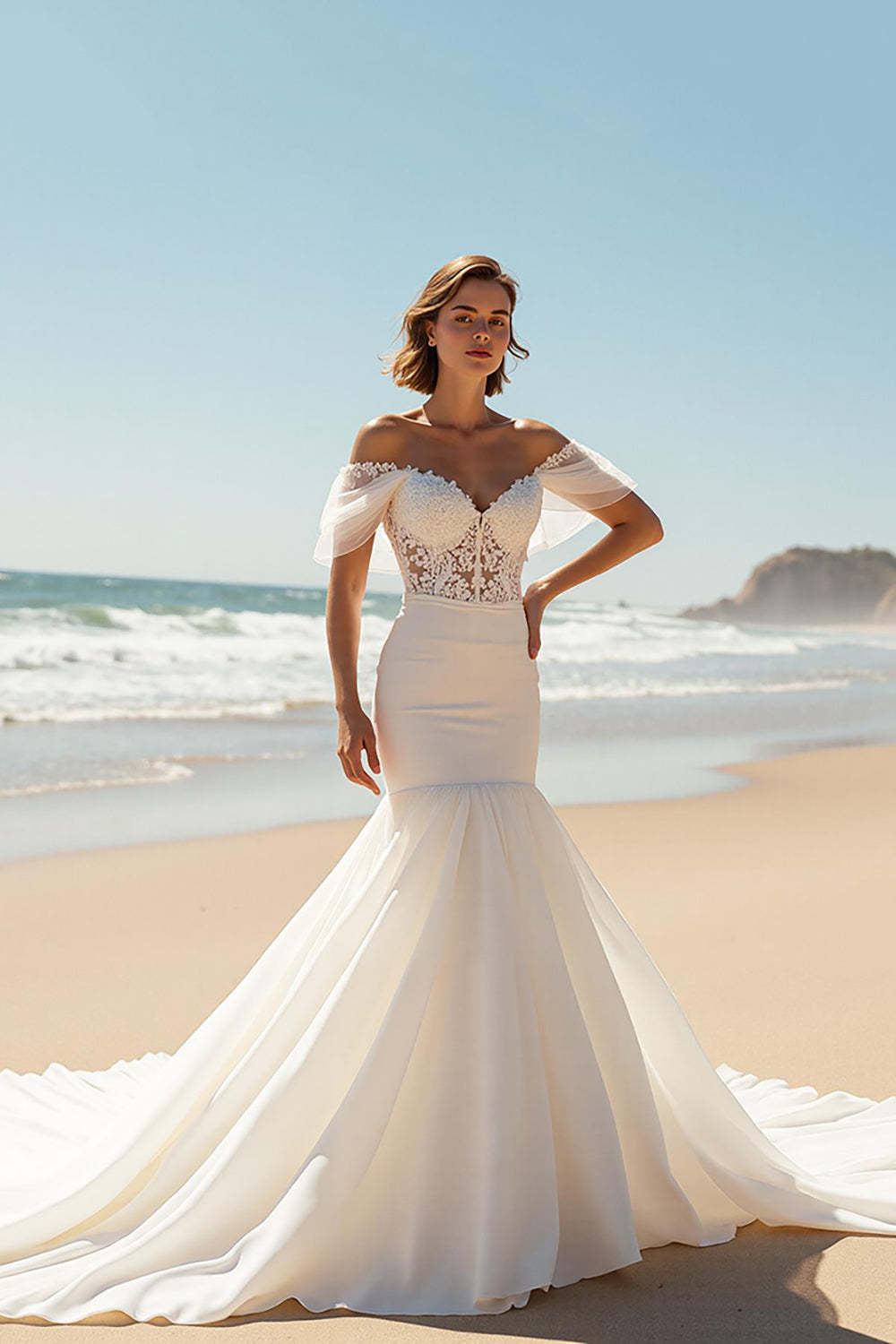 Leely Women Ivory Mermaid Sweep Train Beach Wedding Dress with Lace Off the Shoulder Bridal Dress