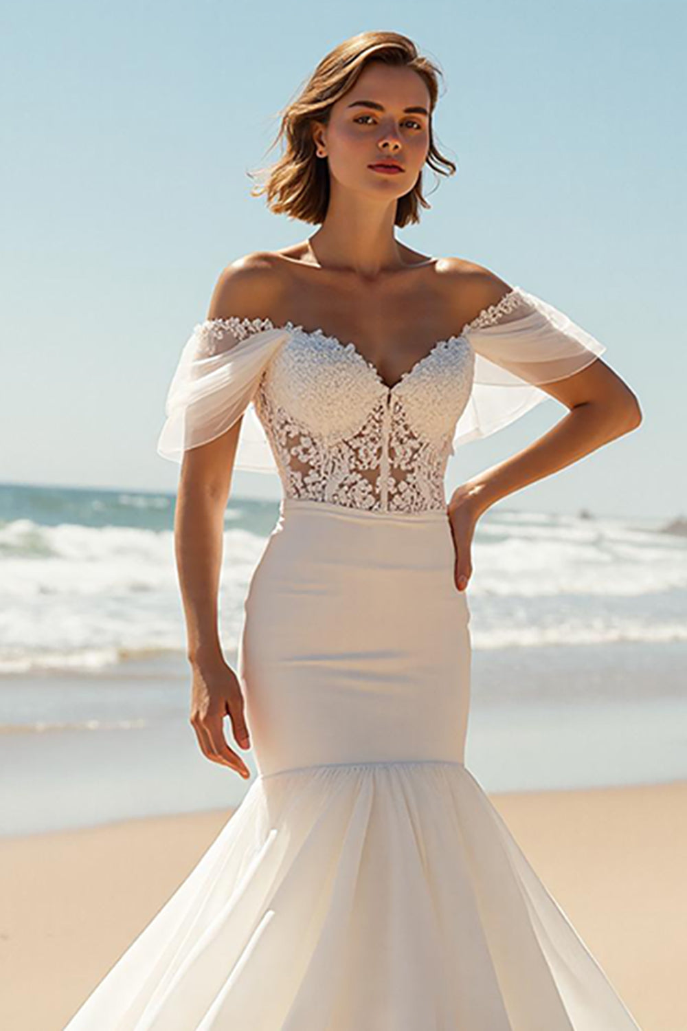 Ivory Mermaid Off the Shoulder Sweep Train Beach Wedding Dress with Lace