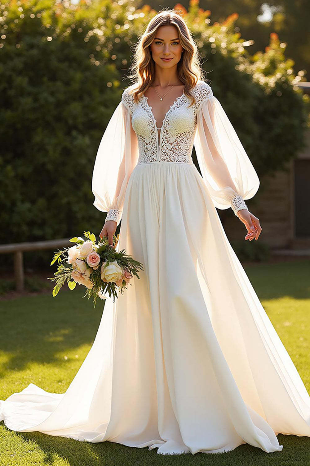 Leely Women Ivory Boho Sweep Train Wedding Dress V-Neck Lantern A Line Chiffon Backless Bridal Dress with Lace