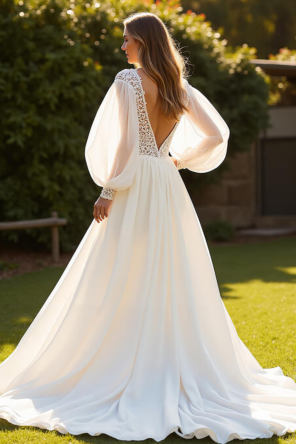 Ivory Lantern Sleeves V-Neck Boho Sweep Train Wedding Dress with Lace