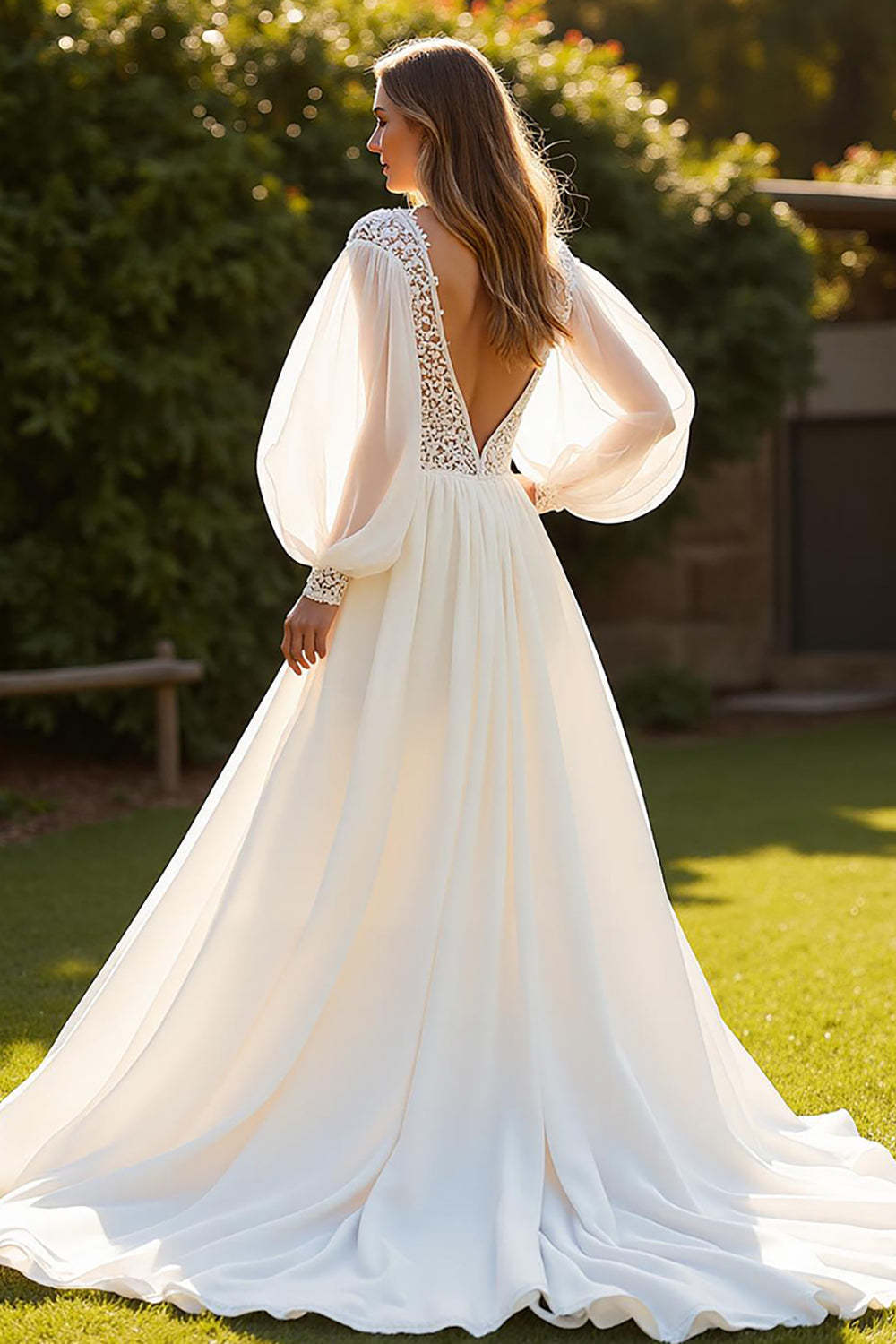 Ivory Lantern Sleeves V-Neck Boho Sweep Train Wedding Dress with Lace