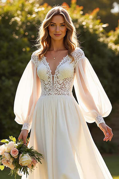 Ivory Lantern Sleeves V-Neck Boho Sweep Train Wedding Dress with Lace