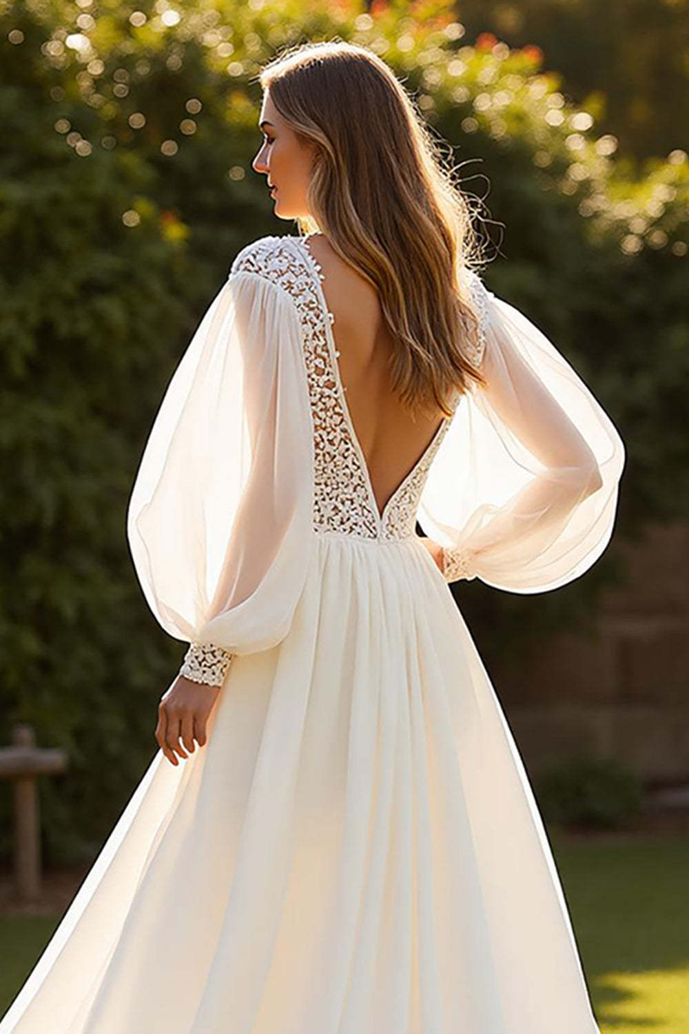 Ivory Lantern Sleeves V-Neck Boho Sweep Train Wedding Dress with Lace