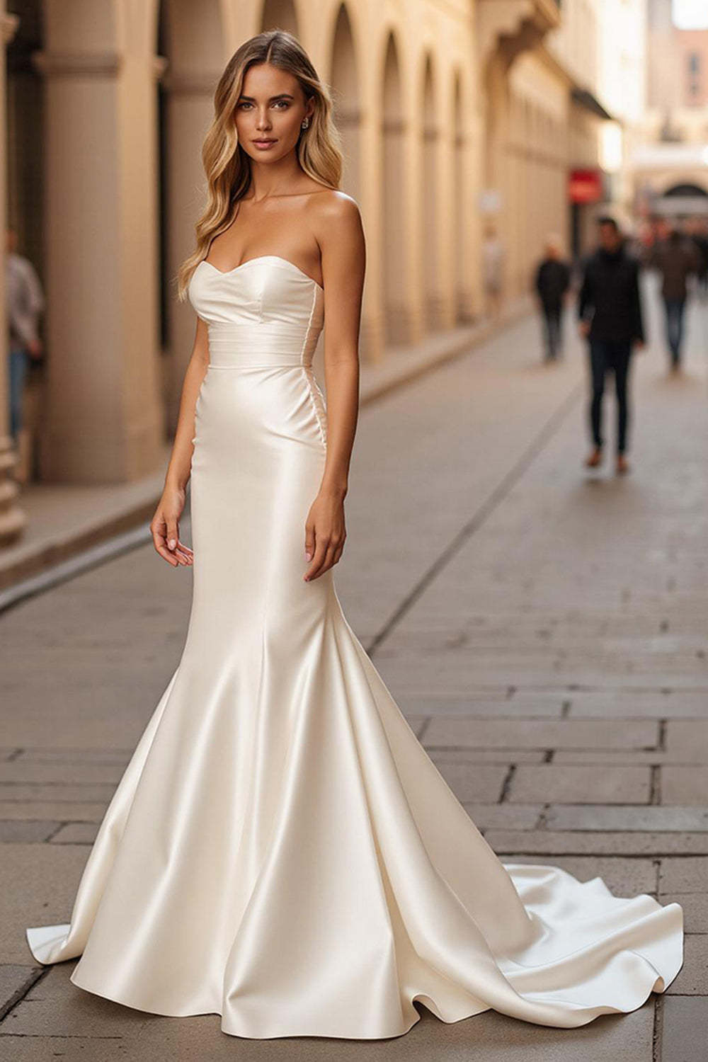 Elegant Mermaid Ivory Sweetheart Satin Sweep Train Wedding Dress