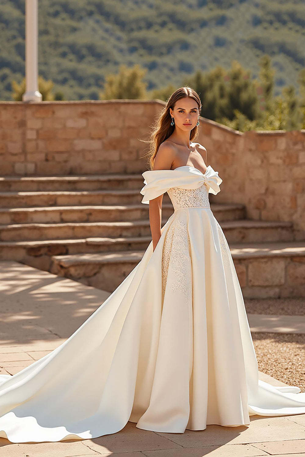Leely Women Ivory Satin Sweep Train Wedding Dress with Lace Off the Shoulder A Line Bridal Dress