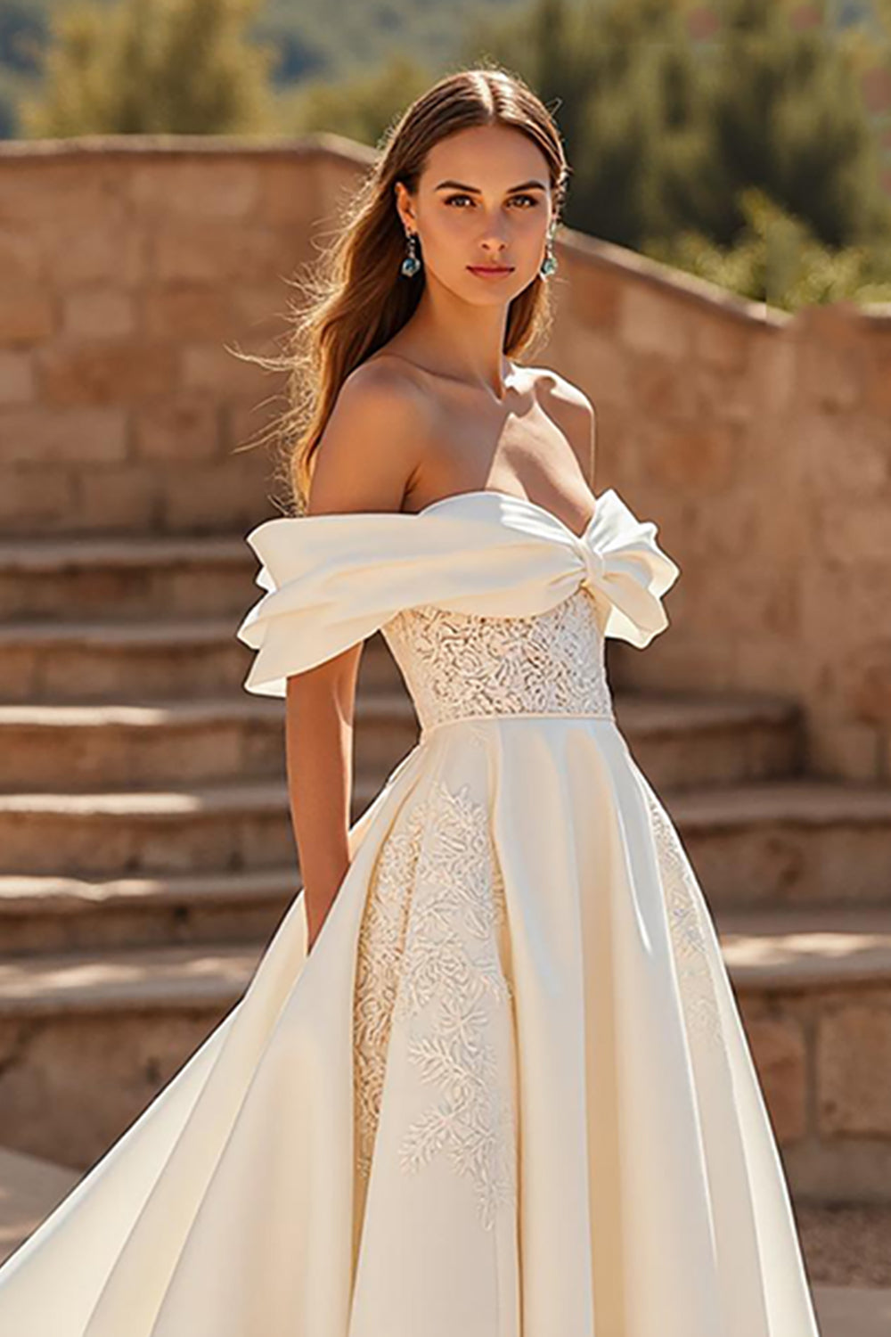Ivory Off the Shoulder Satin A Line Sweep Train Wedding Dress with Lace