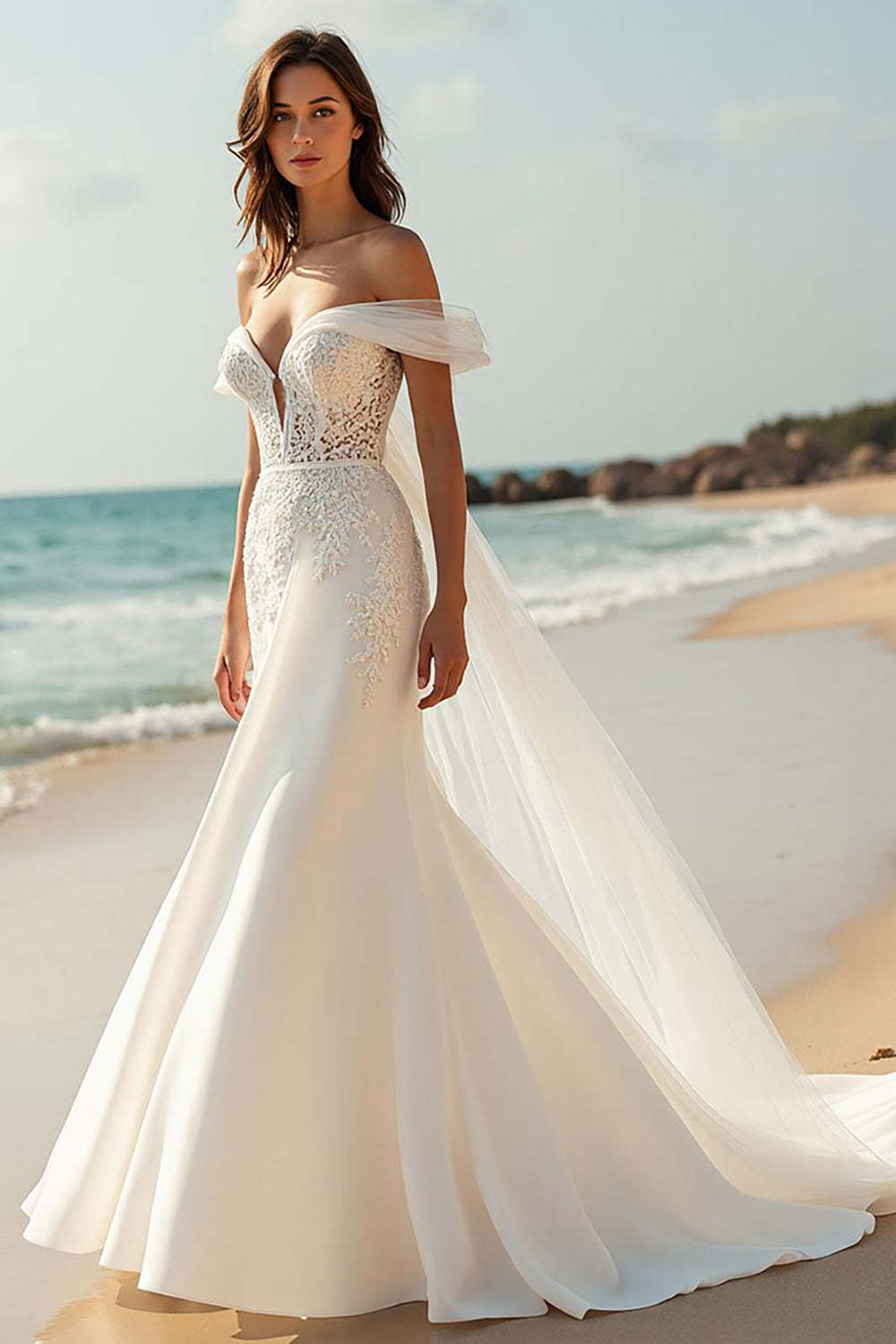 Leely Women Ivory Satin Watteau Train Beach Wedding Dress with Lace Off the Shoulder Mermaid Bridal Dress