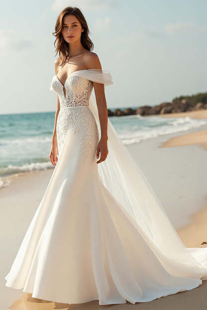 Leely Women Ivory Satin Watteau Train Beach Wedding Dress with Lace Off the Shoulder Mermaid Bridal Dress