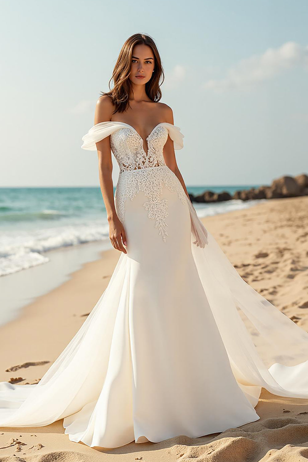 Satin Mermaid Ivory Watteau Train Beach Wedding Dress with Lace