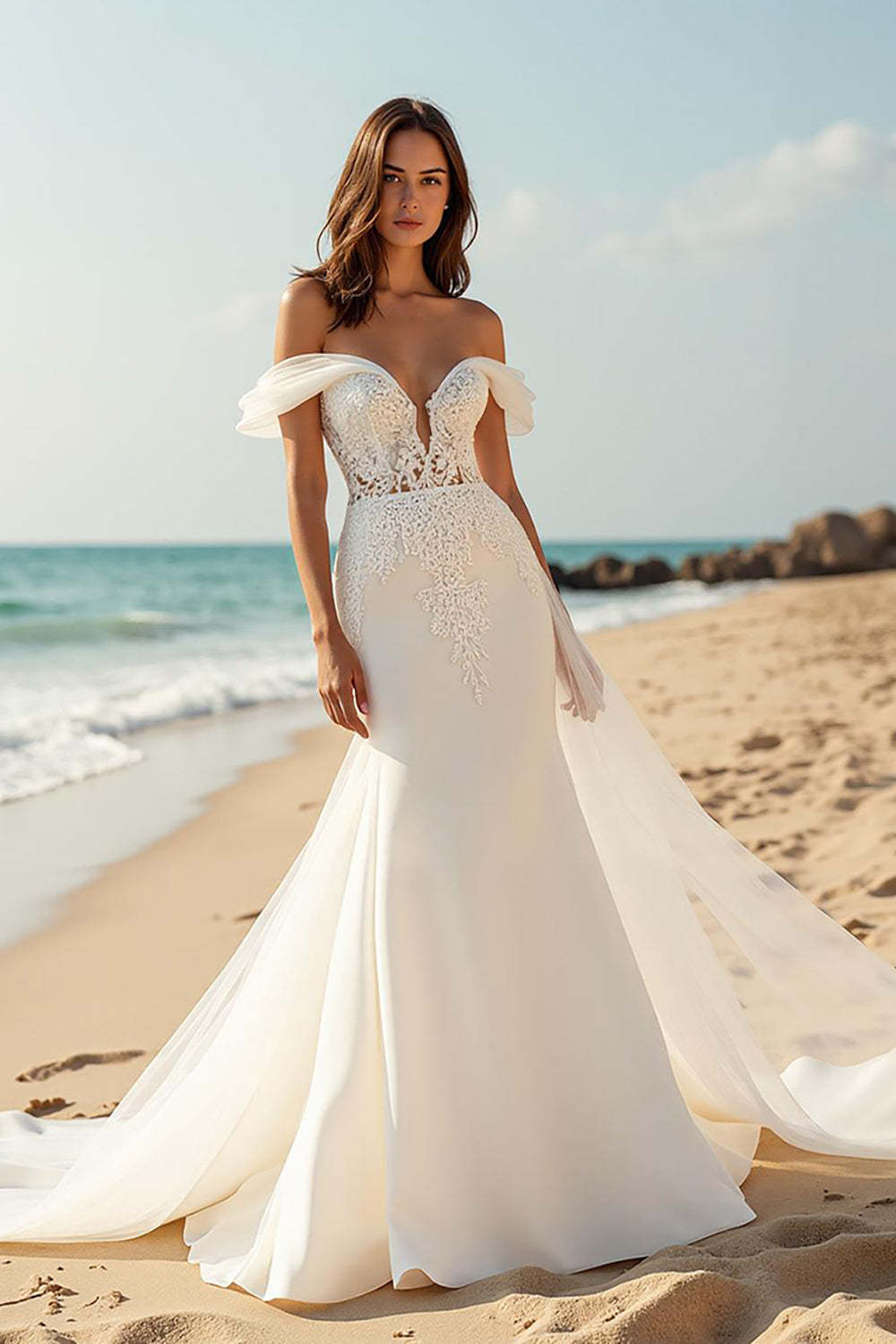Satin Mermaid Ivory Watteau Train Beach Wedding Dress with Lace