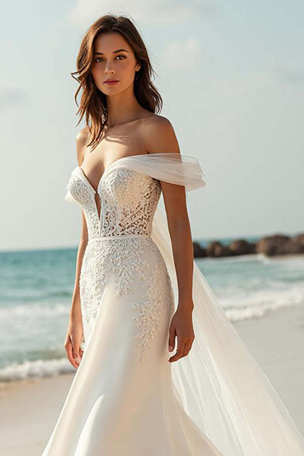 Satin Mermaid Ivory Watteau Train Beach Wedding Dress with Lace
