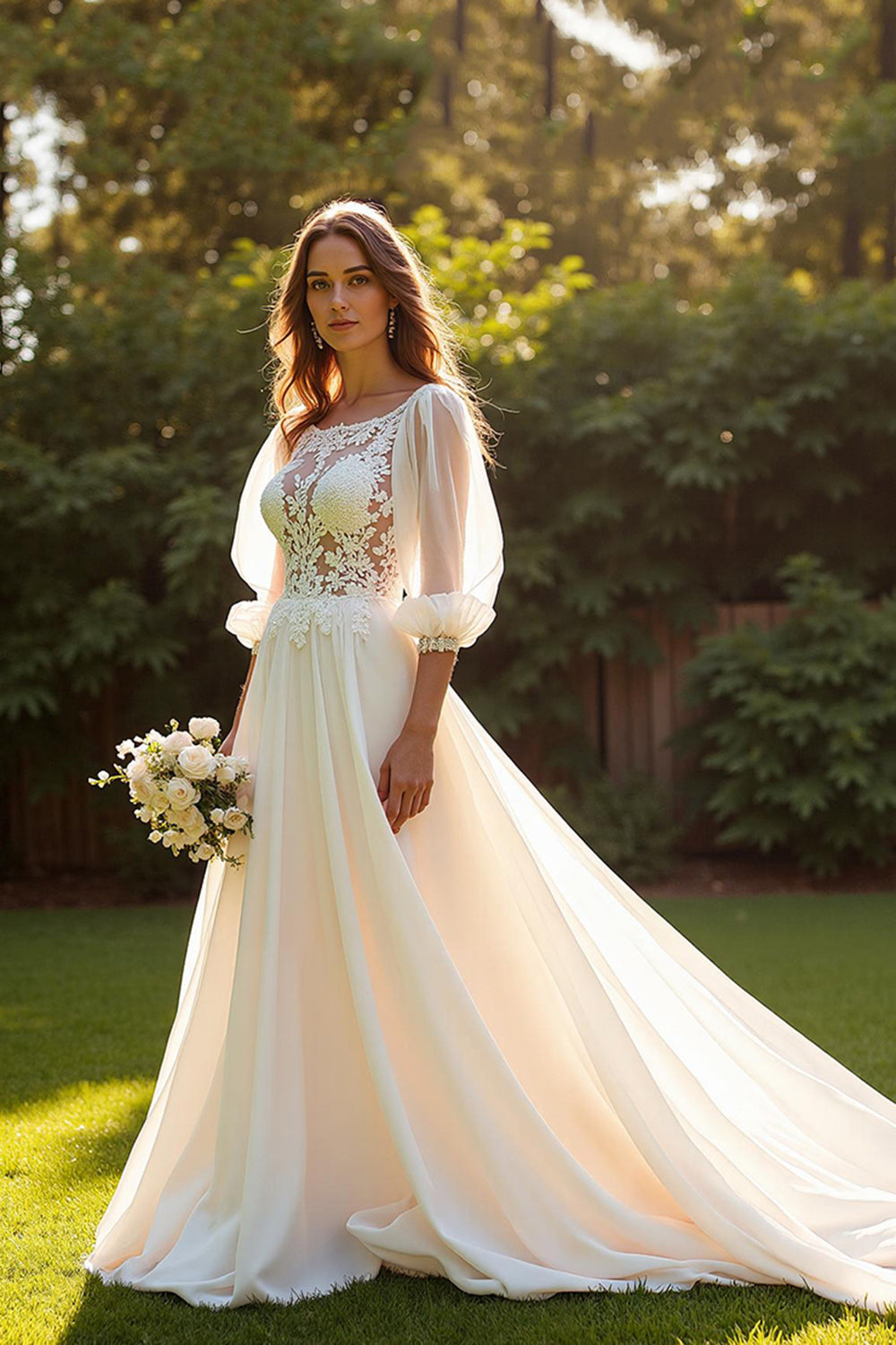 Ivory 3/4 Sleeves A Line Sweep Train Wedding Dress with Lace