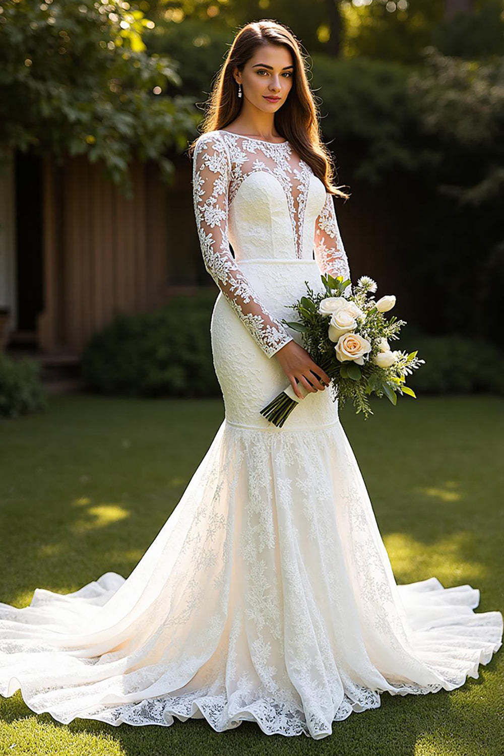 Leely Women Ivory Lace Mermaid Sweep Train Wedding Dress Long Sleeves Boat Neck Backless Bridal Dress