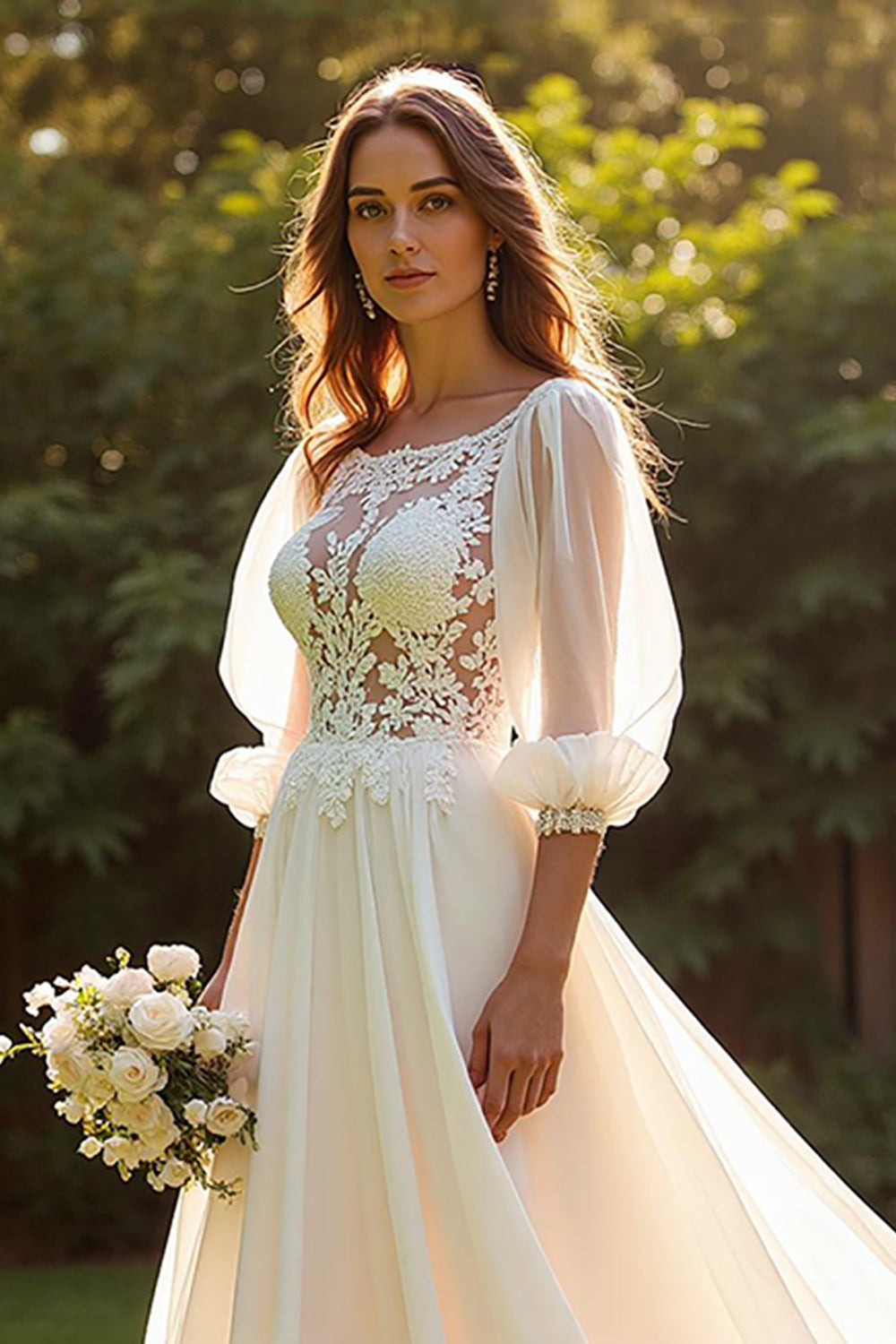 Ivory 3/4 Sleeves A Line Sweep Train Wedding Dress with Lace