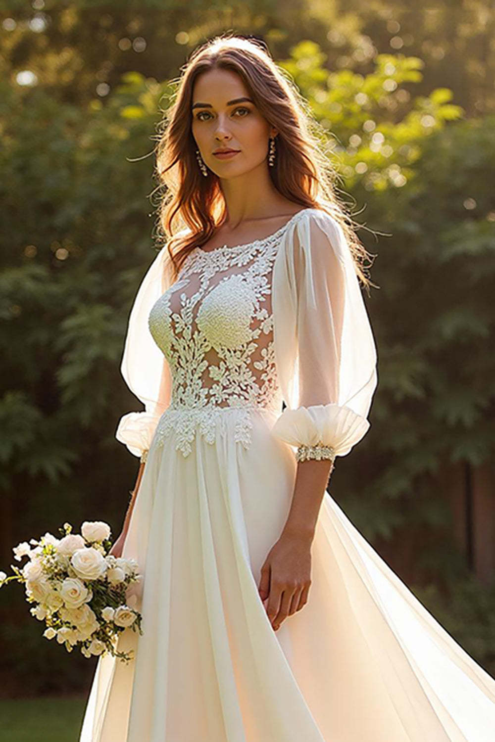 Ivory 3/4 Sleeves A Line Sweep Train Wedding Dress with Lace
