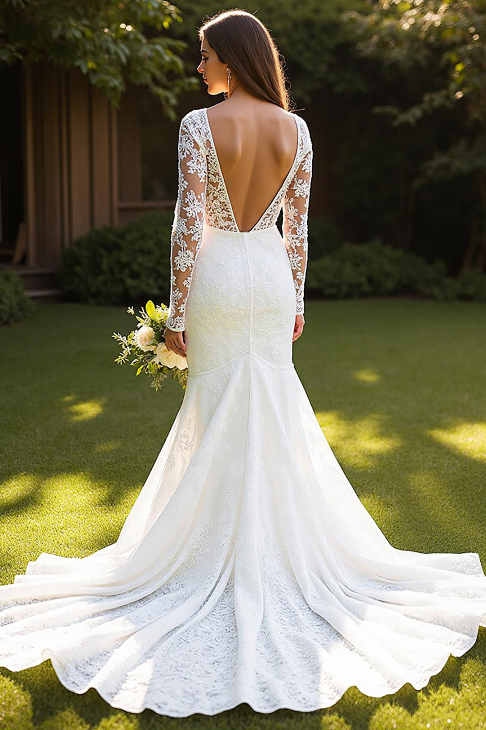 Mermaid Lace Ivory Long Sleeves Sweep Train Wedding Dress