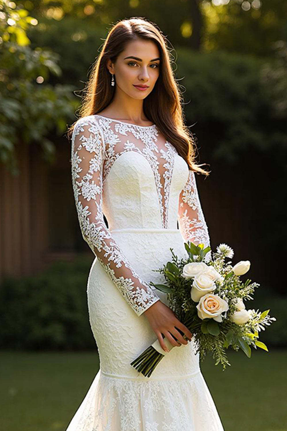 Mermaid Lace Ivory Long Sleeves Sweep Train Wedding Dress